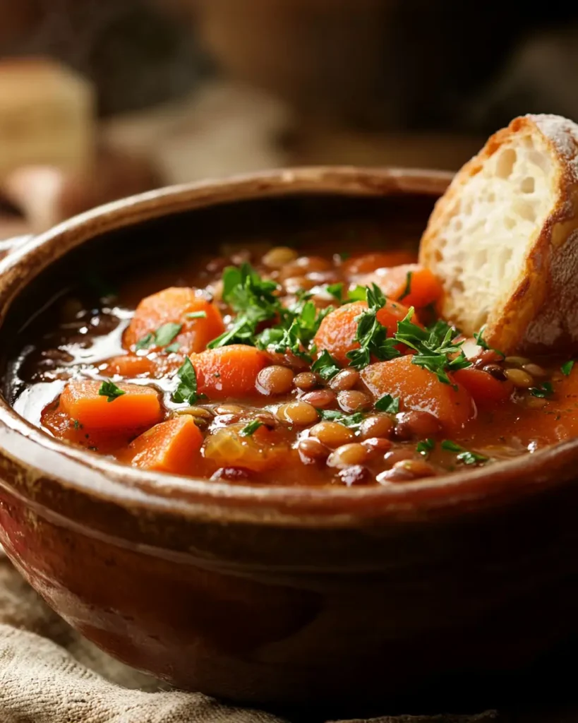 Protein-packed hearty lentil soup with carrots, tomatoes, and fresh parsley.