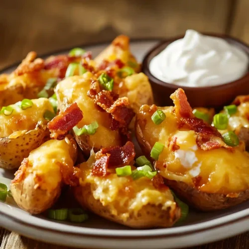 Crispy loaded potato skins topped with melted cheese, bacon bits, and green onions, served with sour cream