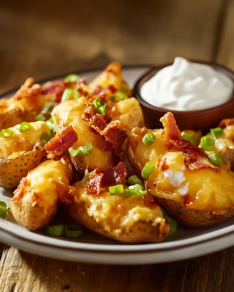 Crispy loaded potato skins topped with melted cheese, bacon bits, and green onions, served with sour cream