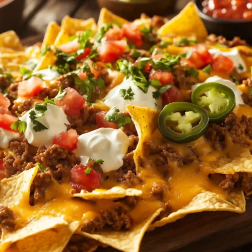 Crispy tortilla chips loaded with cheese, beef, jalapeños, and fresh toppings, served on a rustic sheet pan.