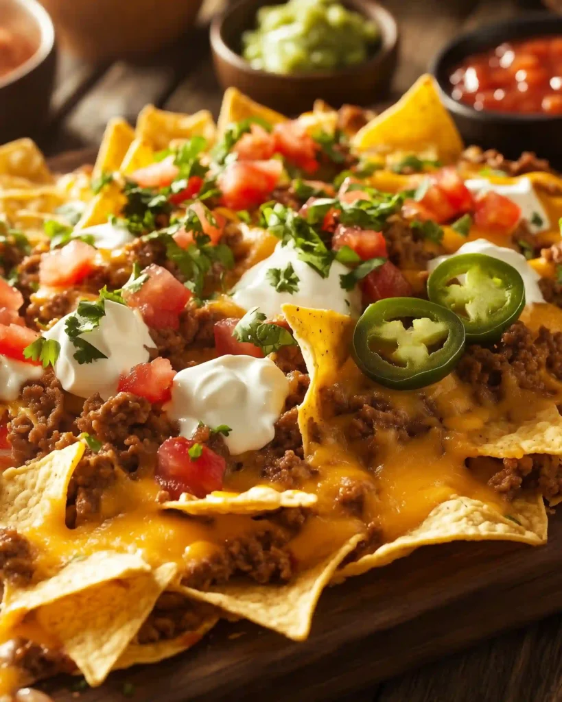 Crispy tortilla chips loaded with cheese, beef, jalapeños, and fresh toppings, served on a rustic sheet pan.